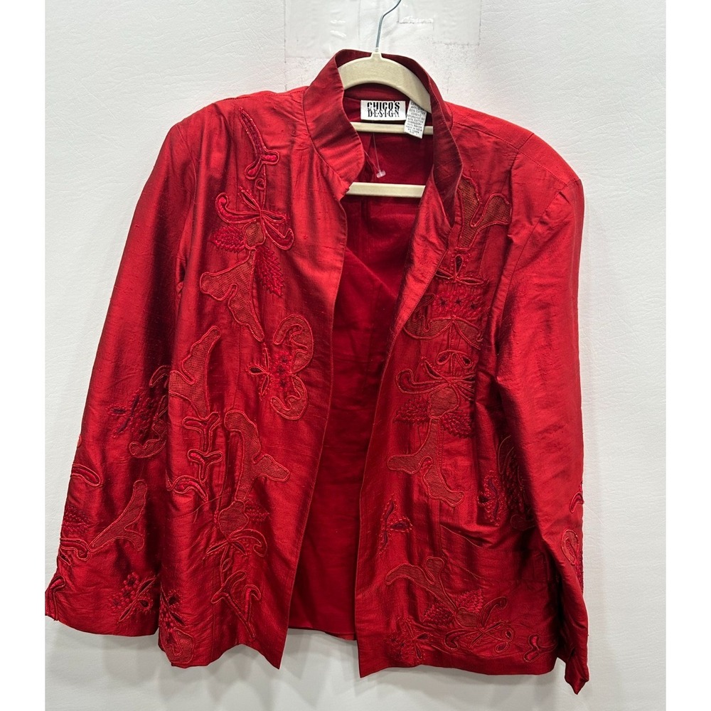 VTG Chicos Design Silk Jacket Womens 1/M Red Embroidered Floral Open Front Lined